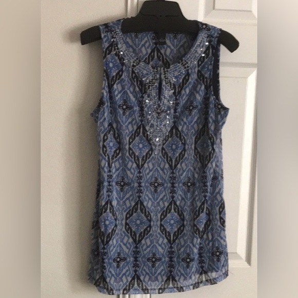 INC International Concepts Tops - INC Blouse, EUC, Blue, Size L, Beads & Keyhole Neckline